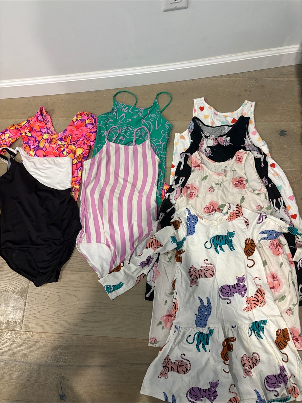 Kids Multi-Pattern One-Piece Swim and Dress Set - Pink, Green, Black (8 pieces)